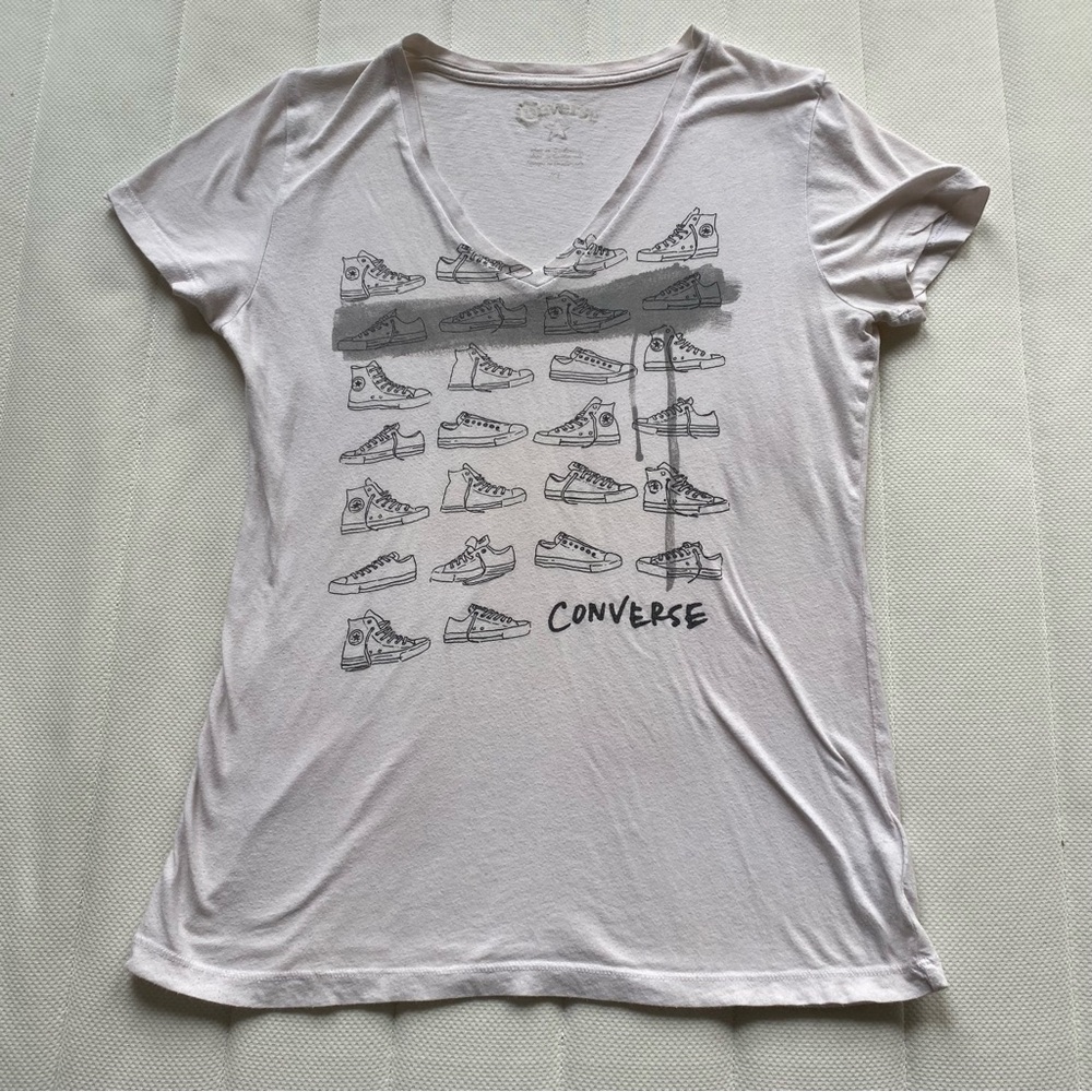 Converse Women's White V‑Neck Tee with Black Sneaker Graphic